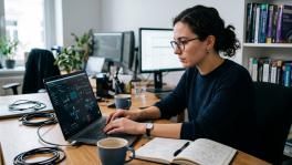 A woman with glasses wearing a blue sweater works diligently on a laptop displaying data visualizations and analytics dashboards at her desk.
