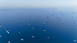 A drone view of vessels anchored in the Strait of Hormuz as seen from Musandam, Oman, June 8, 2026. Photo: Reuters