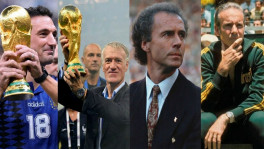A lineup of World Cup-winning legends (L-R): Lionel Scaloni, Didier Deschamps, Franz Beckenbauer, Mário Zagallo. Collage: TBS