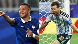 This combination image shows France's Kylian Mbappe (L) celebrating scoring their second goal against Iraq at Philadelphia Stadium, Philadelphia, Pennsylvania, US, and Argentina's Lionel Messi celebrating scoring their second goal against Austria earlier in the day at Dallas Stadium, Arlington, Texas, US, on 22 June 2026. Photos: Reuters