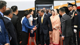 A red carpet was rolled out as Prime Minister Tarique Rahman arrived in Beijing from Dalian by bullet train. Photo: Courtesy