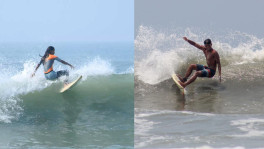 Fatema Akter and Mohammad Mannan training on the waves of Cox's Bazar as they set to become Bangladesh's first surfers to compete at the Asian Games later this year in Japan. Photo: TBS