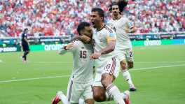 Spain's Alex Baena celebrates scoring their first goal with Marc Cucurella and Rodri in their match against Uruguay at Estadio Guadalajara, Guadalajara, Mexico, on 26 June 2026. Photo: Reuters