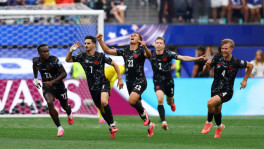 Canada's Stephen Eustaquio celebrates scoring their first goal with teammates in their match against South Africa in the round of 32 of the Fifa World Cup 2026 at Los Angeles Stadium, Inglewood, California, US, on 28 June 2026. Photo: Reuters
