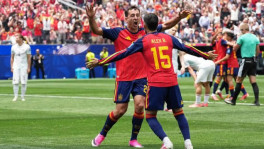 Mikel Oyarzabal celebrates with Alex Bayena after scoring first goal against Austria in Fifa World Cup round of 32 match in California. Photo: Reuters
